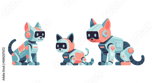 Illustration of three robotic cats in a cartoon style art