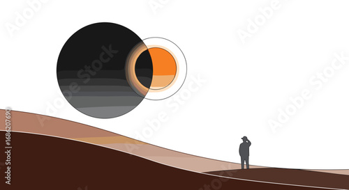 Silhouette of man watches strange rings in the sky landscape