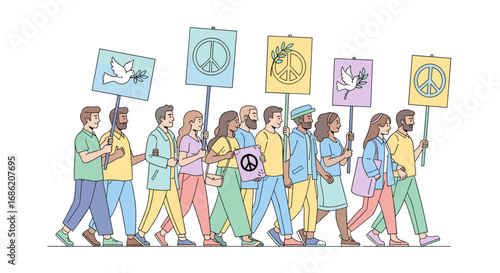 Group of people marching with peace signs on posters in protest