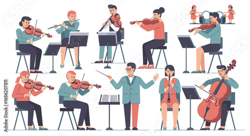 Orchestra performing with various instruments and conductor