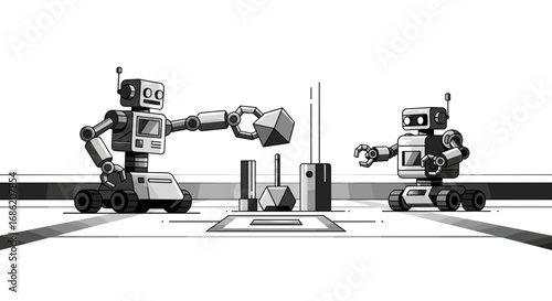 Two robots interacting with geometric shapes on a platform