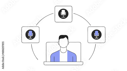 Vector illustration of person in video conference connecting with icons