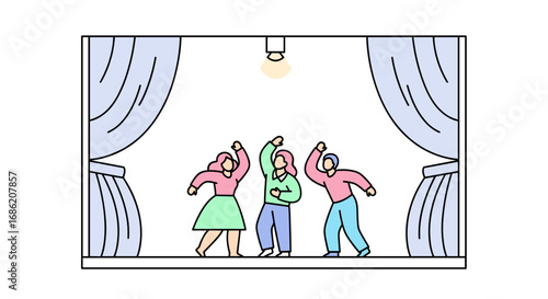 Three people on stage with curtains and a light overhead
