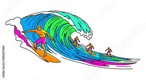 Illustration of surfers riding a colorful stylized ocean wave
