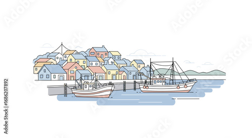 Two fishing boats docked in a harbor near a coastal village