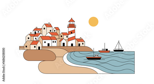 Coastal village with lighthouse and boats on a sunny day view