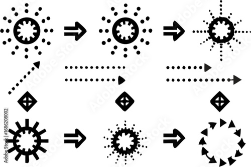 Vector black and white diagram showing transformation of shapes with arrows and circular arrangements of elements