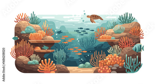 Underwater scene with coral reef fish and sea turtle swimming