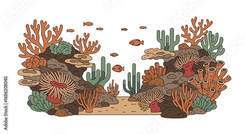 Illustration of coral reef with fish and sea anemones view