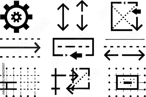 Vector collection of black and white icons representing settings arrows resizing and grid configurations options