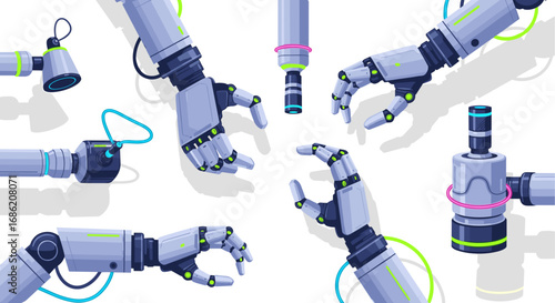 Illustration of multiple robotic arms and hand attachments