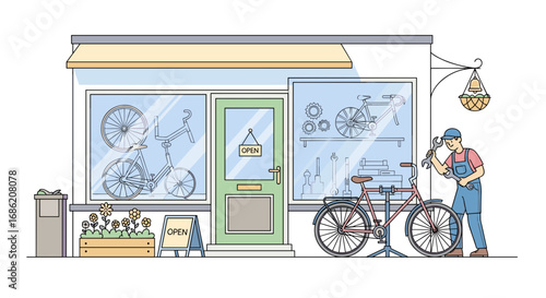 Bike shop with mechanic repairing bicycle in front of store