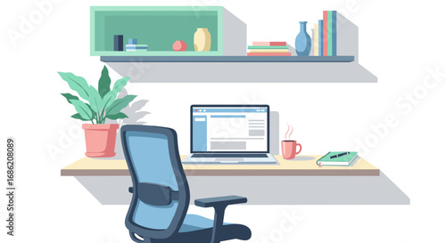Illustration of a workspace with a desk chair and laptop