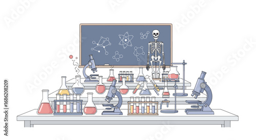 Illustration of a science lab setup with skeleton and beakers