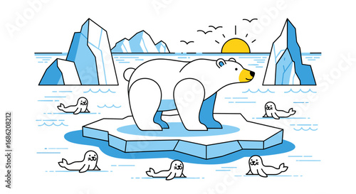 Polar bear on ice floe surrounded by seals in arctic landscape