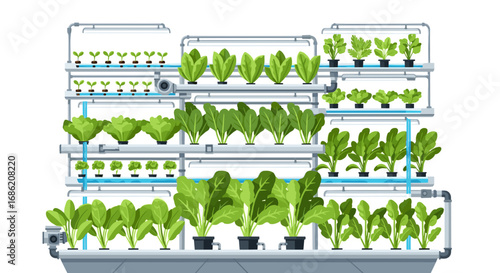 Indoor vertical farm with leafy greens and hydroponic system