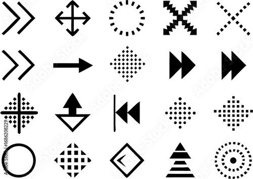 Vector a collection of various black and white arrow and geometric shapes arranged in a grid pattern layout design