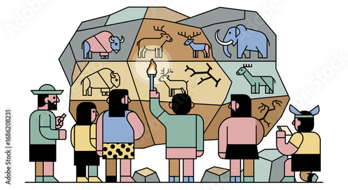 People observing prehistoric cave paintings of animals on rock
