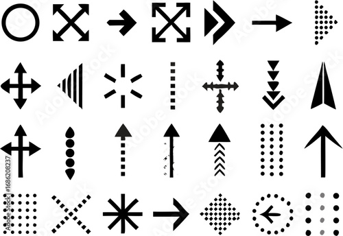 Vector collection of various black directional arrows and symbols arranged in a grid pattern on white background