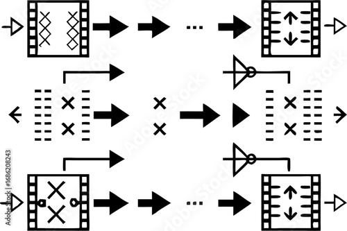 Vector diagram illustrating a sequence of processes with boxes arrows and logical gates in a structured layout