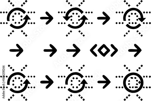 Vector illustration sequence showing a circular arrow rotating around dots with directional arrows and a diamond shape