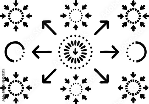 Vector arrows pointing inward to dotted circles and outward from a central dotted circle arrangement design