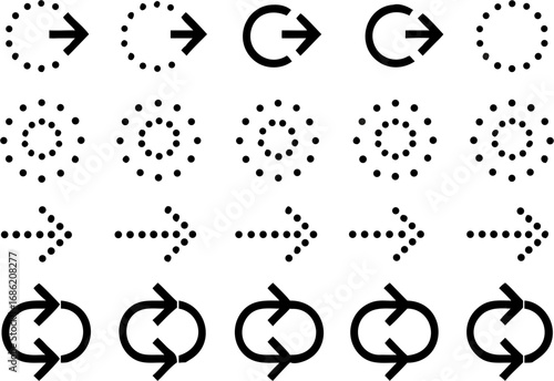 Vector illustration of various arrow designs including circular dotted and curved arrows in a grid pattern