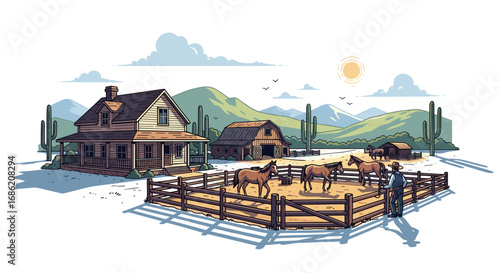 Illustration of ranch with house barn horses and cowboy scene