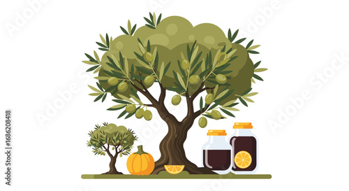 Olive tree with fruits and bottles of oil near a yellow pumpkin