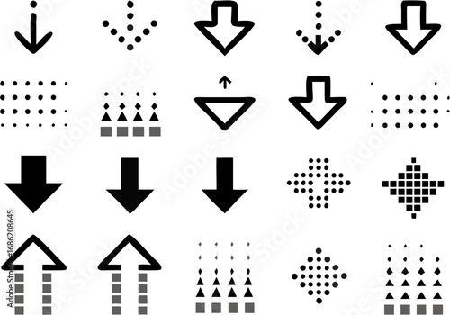 Vector collection of varied black and white arrows and directional indicators with different styles and patterns