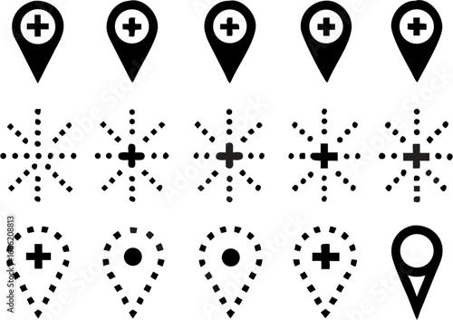 Vector collection of black map marker icons with plus signs and dotted variations arranged in rows and columns