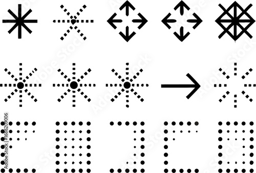 Vector collection of various abstract black and white geometric shapes and patterns arranged in rows and columns
