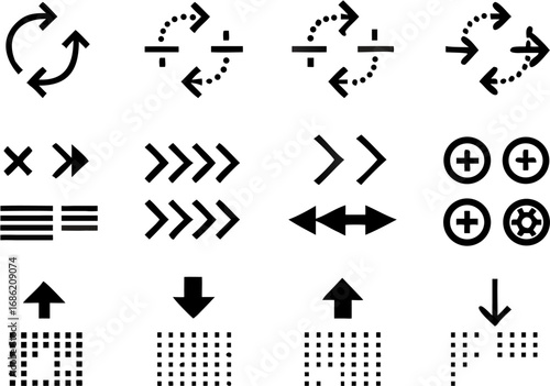 Vector illustration of various black directional arrows and symbols including circular arrows and dotted arrows icons