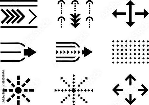 Vector collection of various abstract black and white directional and geometric symbols and icons set on white