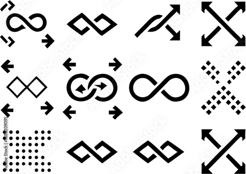 Vector collection of black infinity symbols and arrow designs arranged in a grid pattern on white background