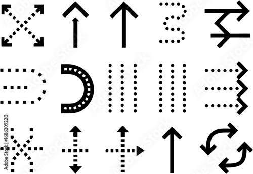 Vector illustration of various black arrows and dotted lines pointing in different directions on a white background