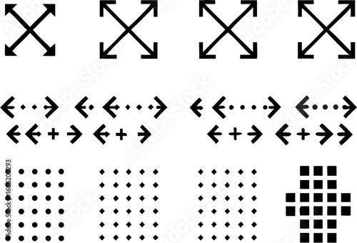 Vector illustration of arrows pointing outwards, arrows with dots and plus signs, and dot and square grids