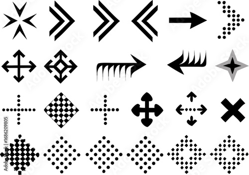 Vector collection of various black and white arrows directional symbols and geometric shapes in a grid format