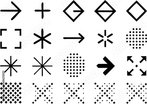 Vector collection of various black geometric shapes including arrows plus signs stars squares and dotted patterns