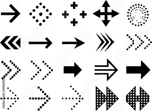 Vector illustration of various black arrow symbols and directional icons with different styles and orientations shown