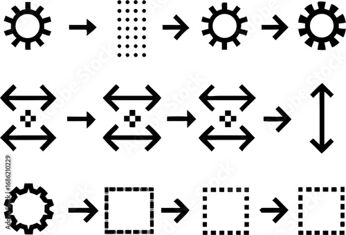 Vector diagram showing transformations of shapes using arrows including gears dots squares and double arrows