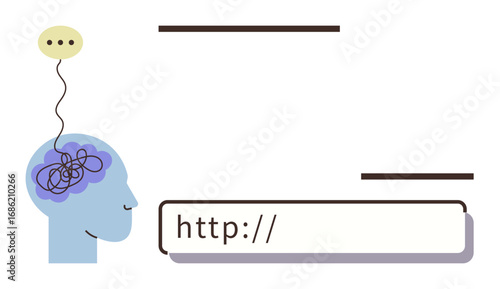 Human profile with tangled thoughts in the brain and connection to web search bar. Ideal for technology, mental health, online research, innovation, brainstorming, communication, simple flat metaphor