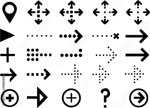 Vector collection of various black directional arrows plus signs and a question mark on a white background