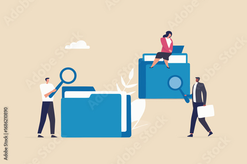 Business professionals examine and organize digital files with magnifying glasses for data analysis and information management