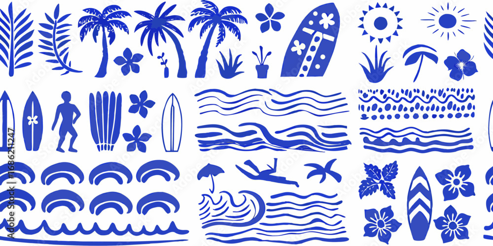 Fototapeta premium Vibrant blue tropical beach and surfing elements seamless pattern