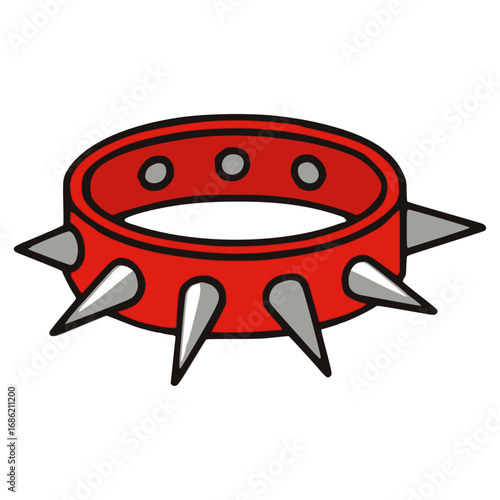 Red leather punk collar with spikes flat color vector illustration template design