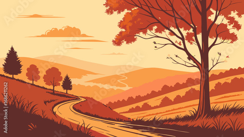 Winding Road Through Warm Autumn Hills Landscape Illustration with Stylized Trees and Golden Hour Sky