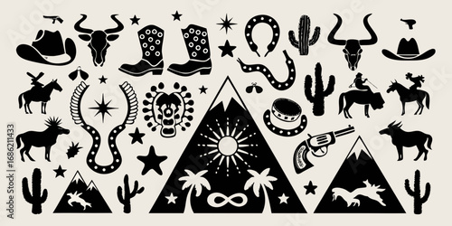 Collection of western and wild west silhouette icons including cowboy hats boots horses and cacti