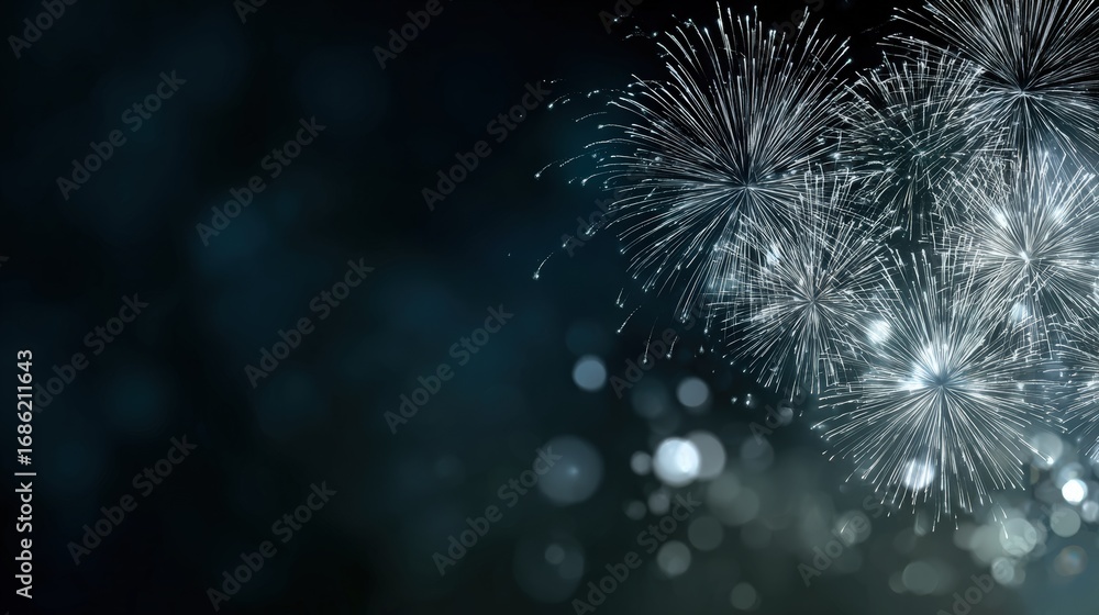 Fototapeta premium Silvery fireworks bursts against a dark, blurred background.