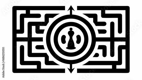 A black and white illustration of a maze with a chess piece in the center and arrows pointing up and down silhouette